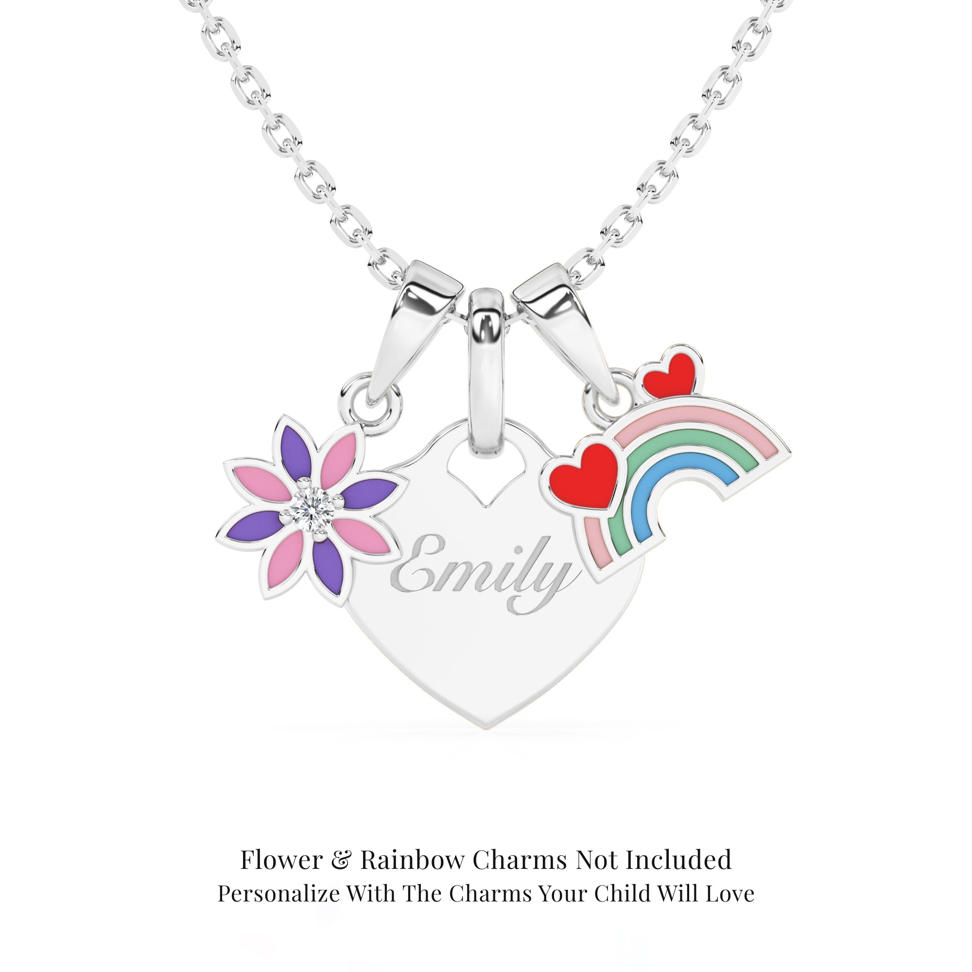 Sterling Silver necklace with heart-shaped pendant, flower, and rainbow charm on a white background.