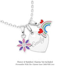 Sterling Silver necklace with heart-shaped pendant, flower, and rainbow charm on a white background.