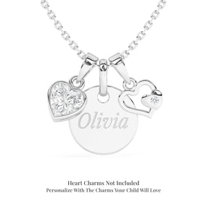 Sterling silver necklace with round pendant, heart-shaped charms with clear CZ stones on a white background.