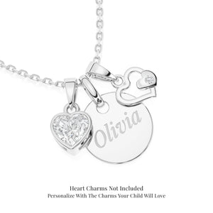 Sterling silver necklace with round pendant, heart-shaped charms with clear CZ stones on a white background.