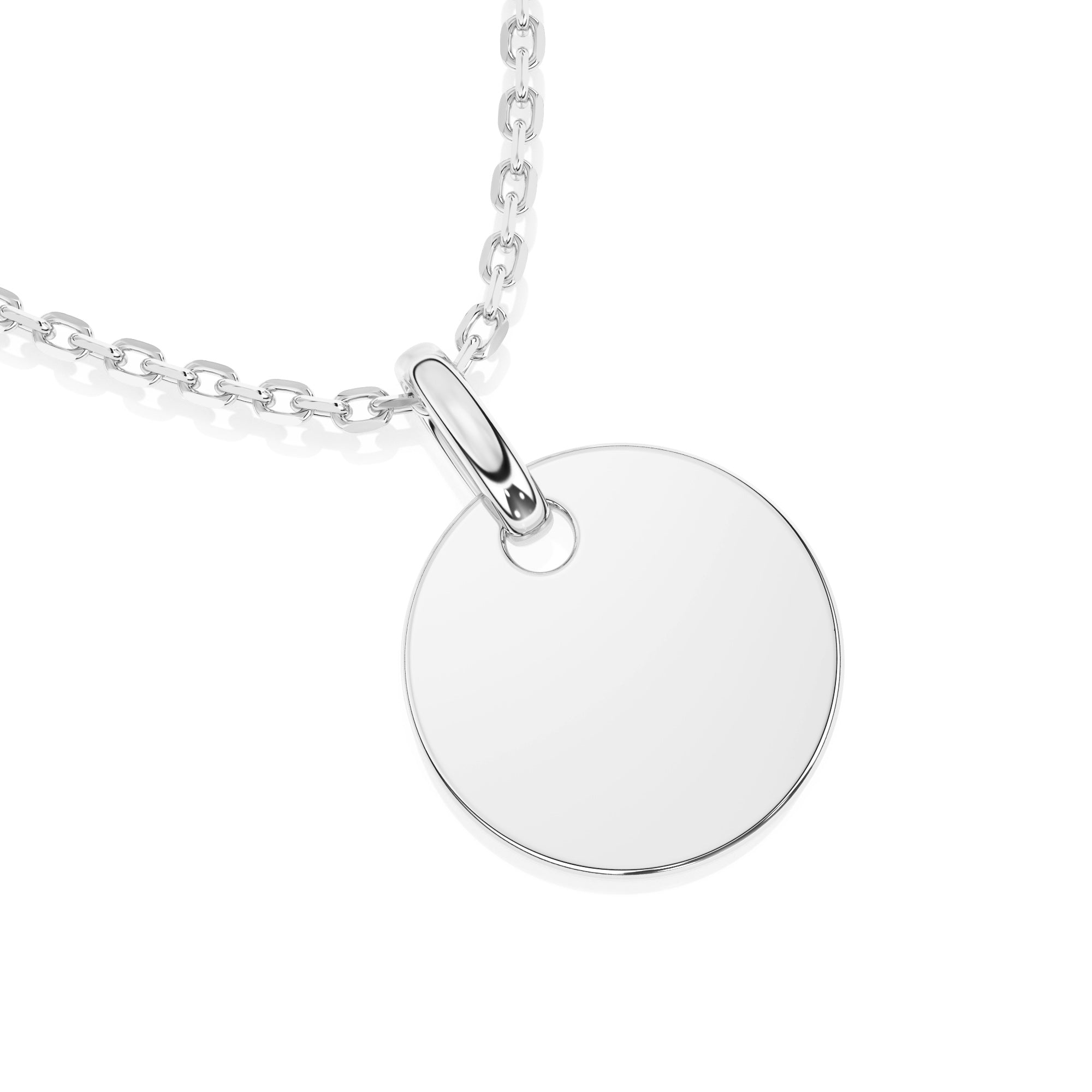 Sterling silver necklace with a round pendant on a white background.