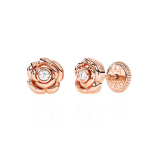 Blooming Rose, Clear CZ Stud Earrings - Solid 14K Rose Gold, Screw Back, for Babies & Children