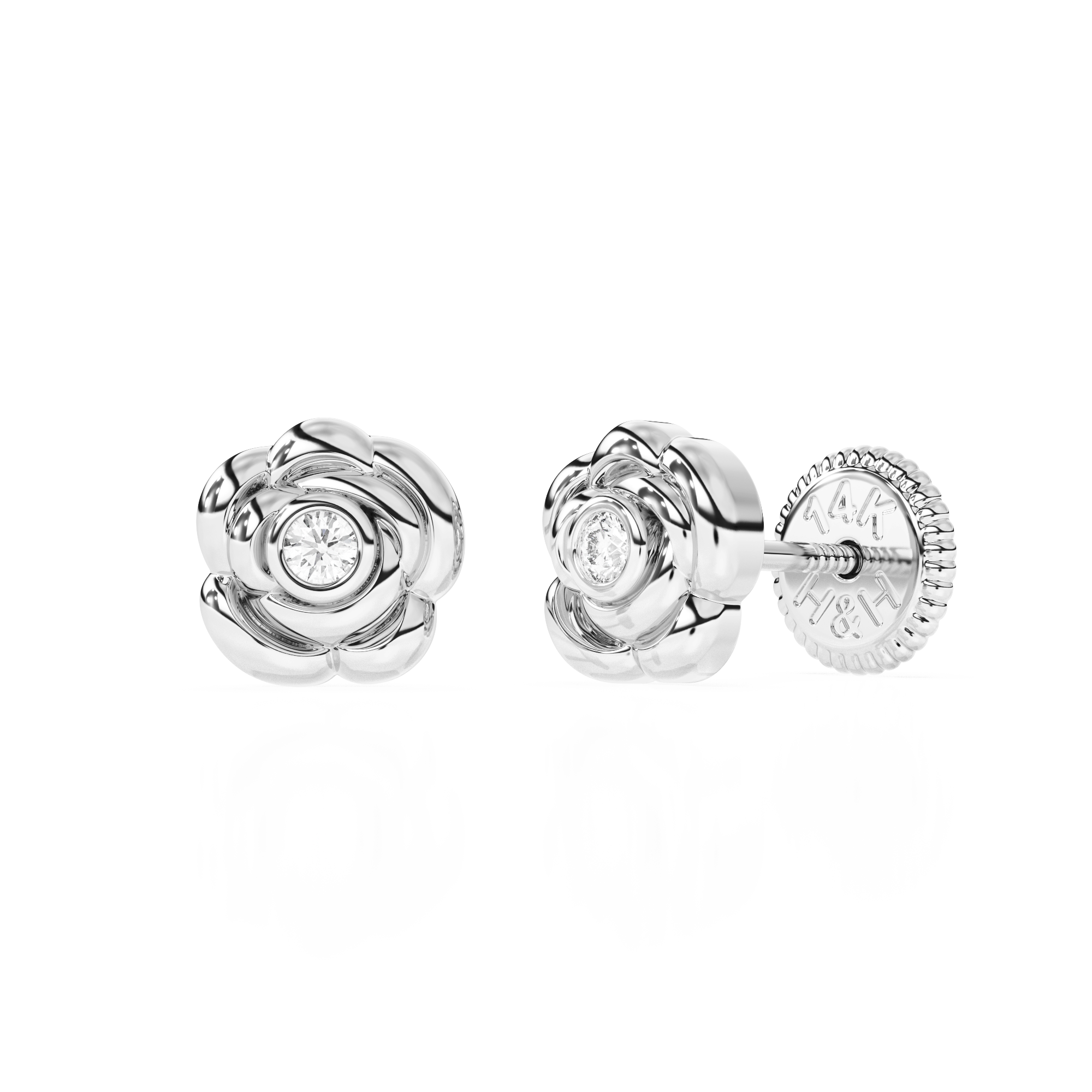 Blooming Rose, Clear CZ Stud Earrings - Solid 14K White Gold, Screw Back, for Babies & Children