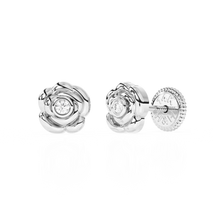 Blooming Rose, Clear CZ Stud Earrings - Solid 14K White Gold, Screw Back, for Babies & Children