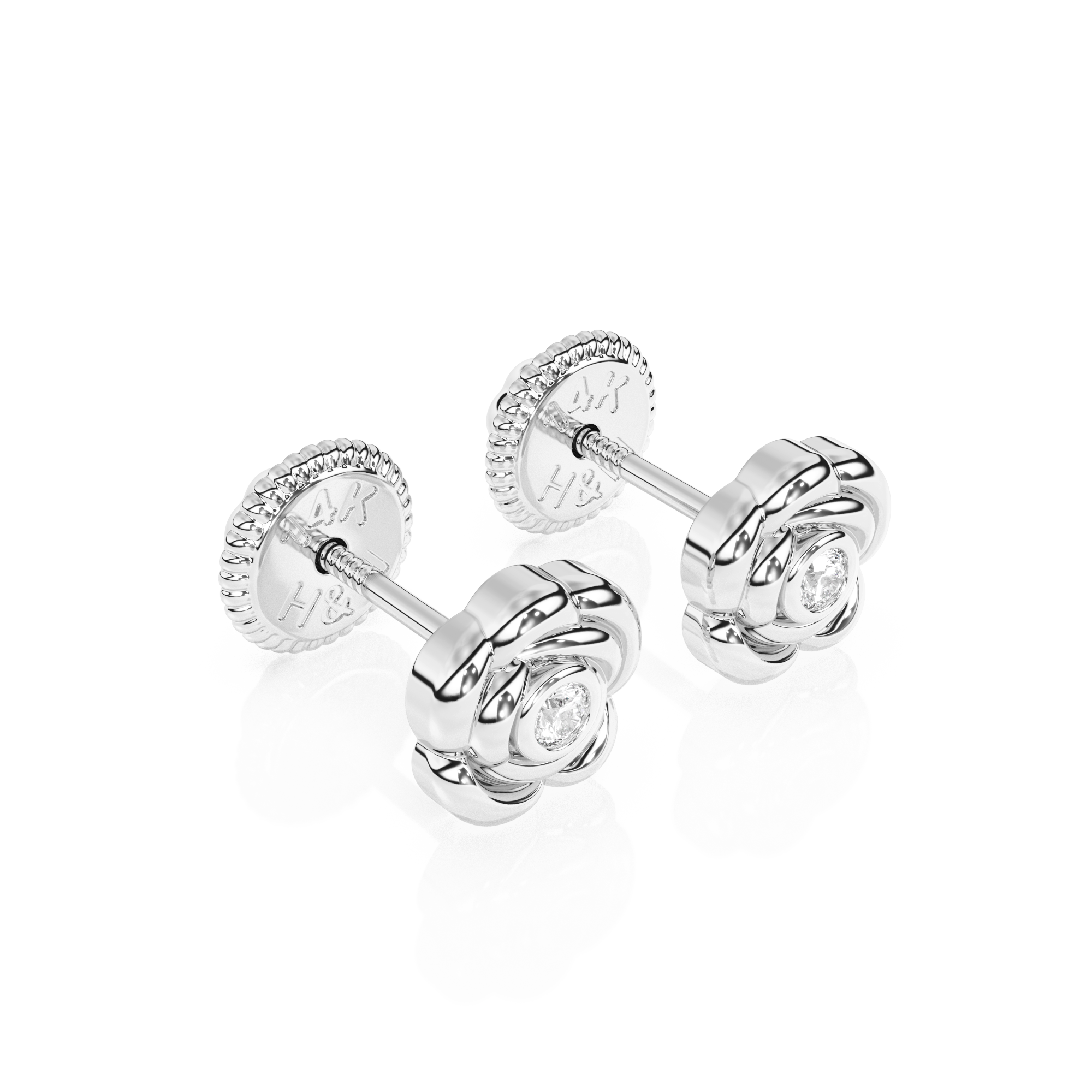 Blooming Rose, Clear CZ Stud Earrings - Solid 14K White Gold, Screw Back, for Babies & Children