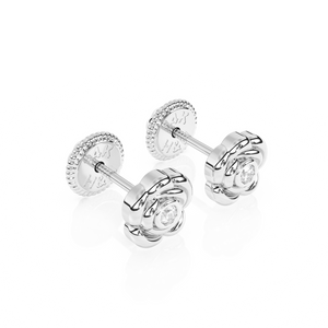 Blooming Rose, Clear CZ Stud Earrings - Solid 14K White Gold, Screw Back, for Babies & Children