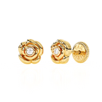 Blooming Rose, Clear CZ Stud Earrings - Solid 14K Gold, Screw Back, for Babies & Children