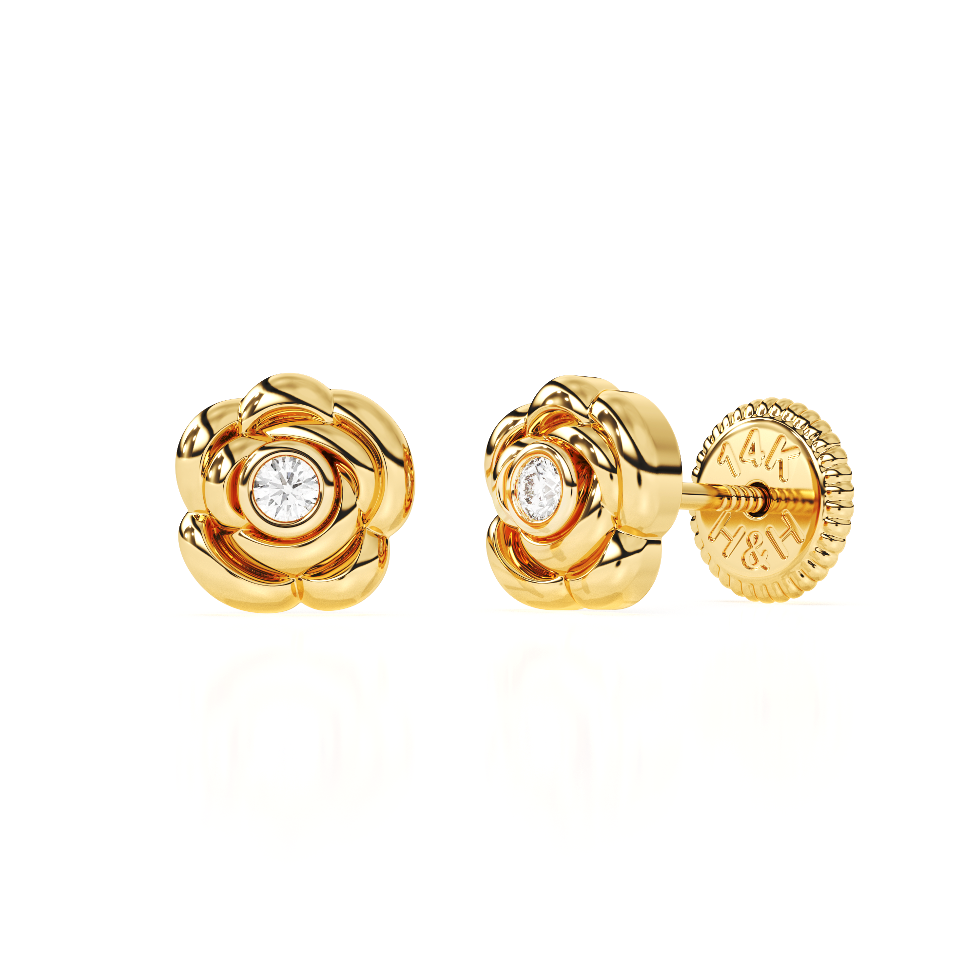 Blooming Rose, Clear CZ Stud Earrings - Solid 14K Gold, Screw Back, for Babies & Children