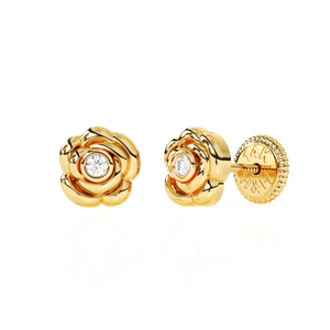 Blooming Rose, Clear CZ Stud Earrings - Solid 14K Gold, Screw Back, for Babies & Children