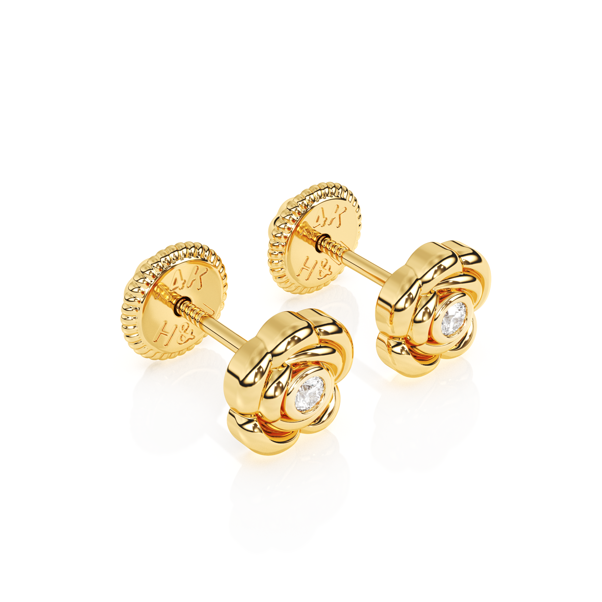Blooming Rose, Clear CZ Stud Earrings - Solid 14K Gold, Screw Back, for Babies & Children