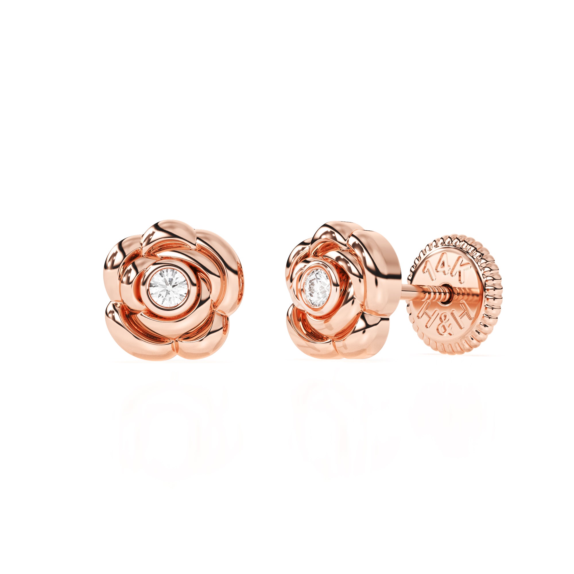 Rose gold stud earrings with screwback post and blooming rose shape with a clear CZ stone. 