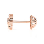 Rose gold stud earrings with screwback post and blooming rose shape with a clear CZ stone. 