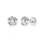 Pendientes de botón con circonitas cúbicas transparentes y rosa floreciente - Oro blanco macizo de 14 quilates, cierre de rosca, para bebés y niños