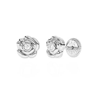 Pendientes de botón con circonitas cúbicas transparentes y rosa floreciente - Oro blanco macizo de 14 quilates, cierre de rosca, para bebés y niños