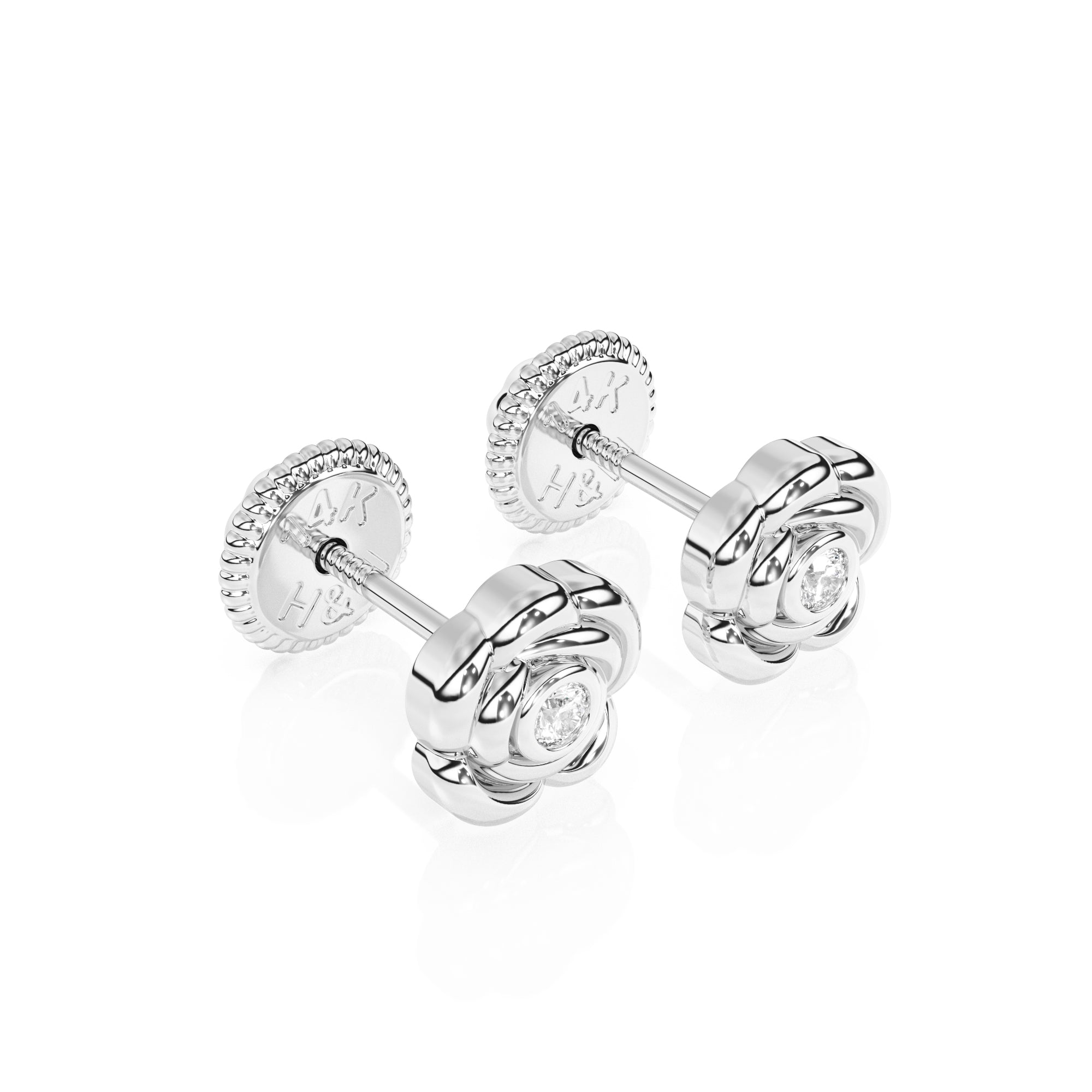 Pendientes de botón con circonitas cúbicas transparentes y rosa floreciente - Oro blanco macizo de 14 quilates, cierre de rosca, para bebés y niños