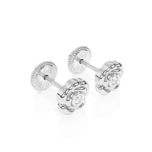 Pendientes de botón con circonitas cúbicas transparentes y rosa floreciente - Oro blanco macizo de 14 quilates, cierre de rosca, para bebés y niños