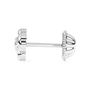 Pendientes de botón con circonitas cúbicas transparentes y rosa floreciente - Oro blanco macizo de 14 quilates, cierre de rosca, para bebés y niños