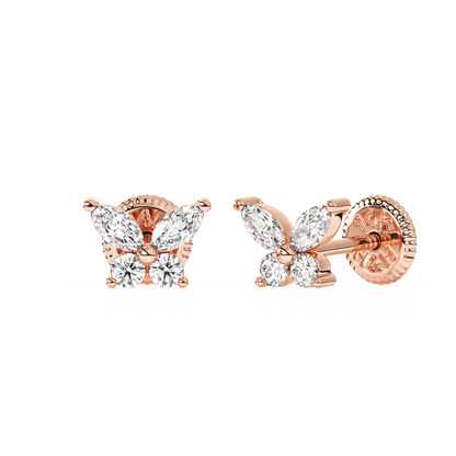 Brilliant Butterfly, Clear CZ Stud Earrings - Solid 14K Rose Gold, Screw Back, for Babies & Children
