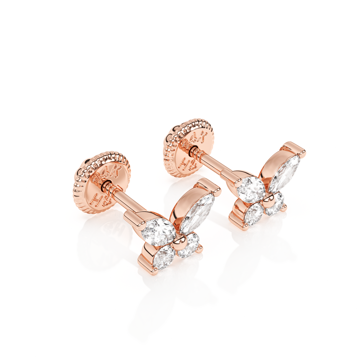 Brilliant Butterfly, Clear CZ Stud Earrings - Solid 14K Rose Gold, Screw Back, for Babies & Children