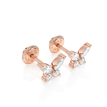 Brilliant Butterfly, Clear CZ Stud Earrings - Solid 14K Rose Gold, Screw Back, for Babies & Children