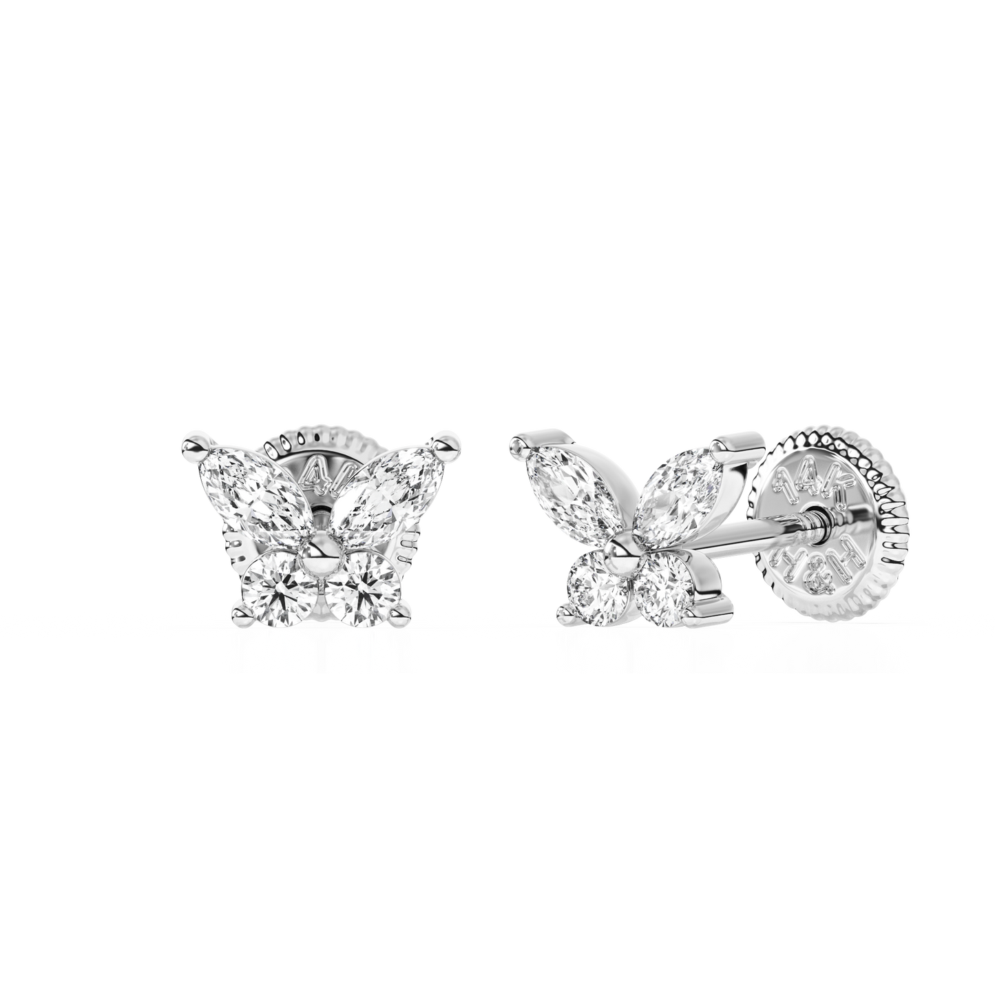 Brilliant Butterfly, Clear CZ Stud Earrings - Solid 14K White Gold, Screw Back, for Babies & Children