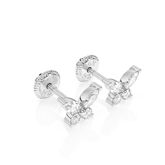 Brilliant Butterfly, Clear CZ Stud Earrings - Solid 14K White Gold, Screw Back, for Babies & Children
