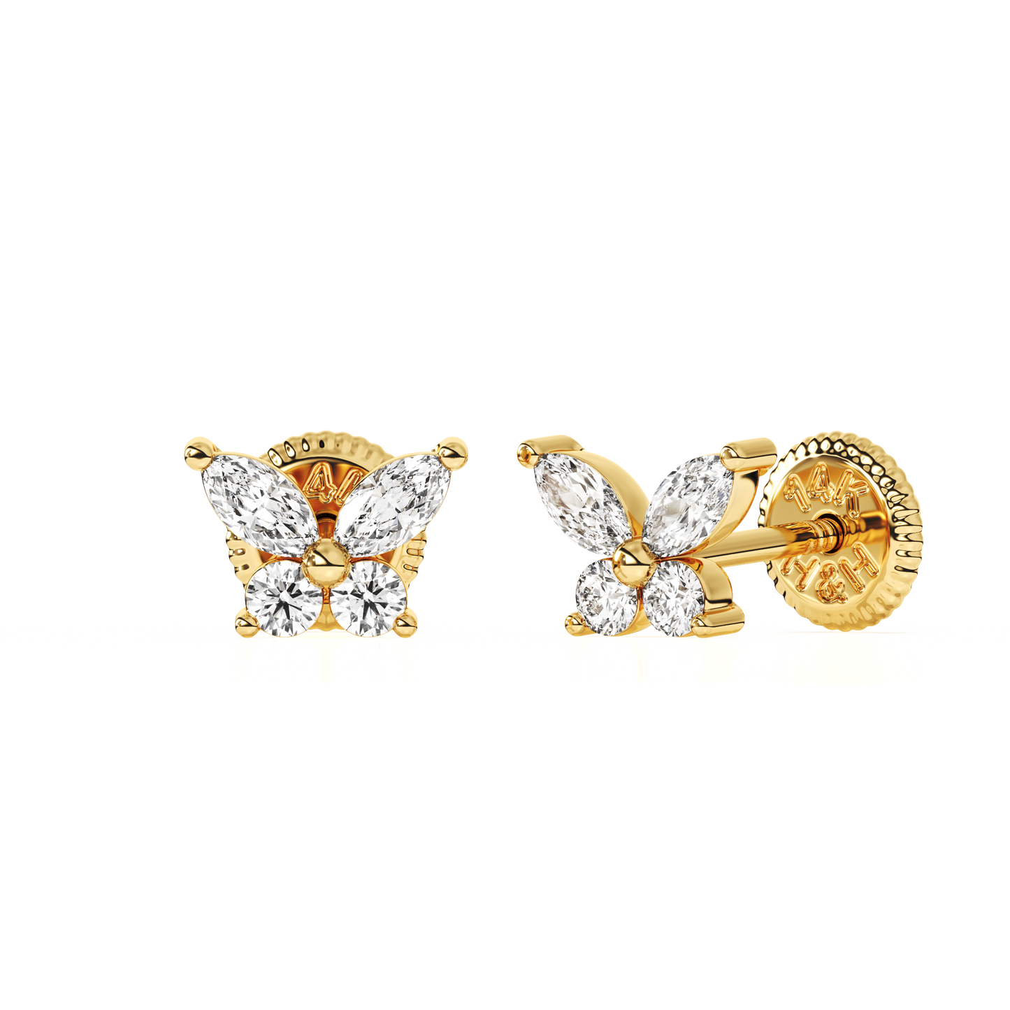 Brilliant Butterfly, Clear CZ Stud Earrings - Solid 14K Gold, Screw Back, for Babies & Children