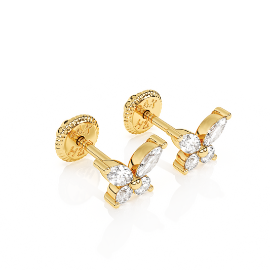 Brilliant Butterfly, Clear CZ Stud Earrings - Solid 14K Gold, Screw Back, for Babies & Children