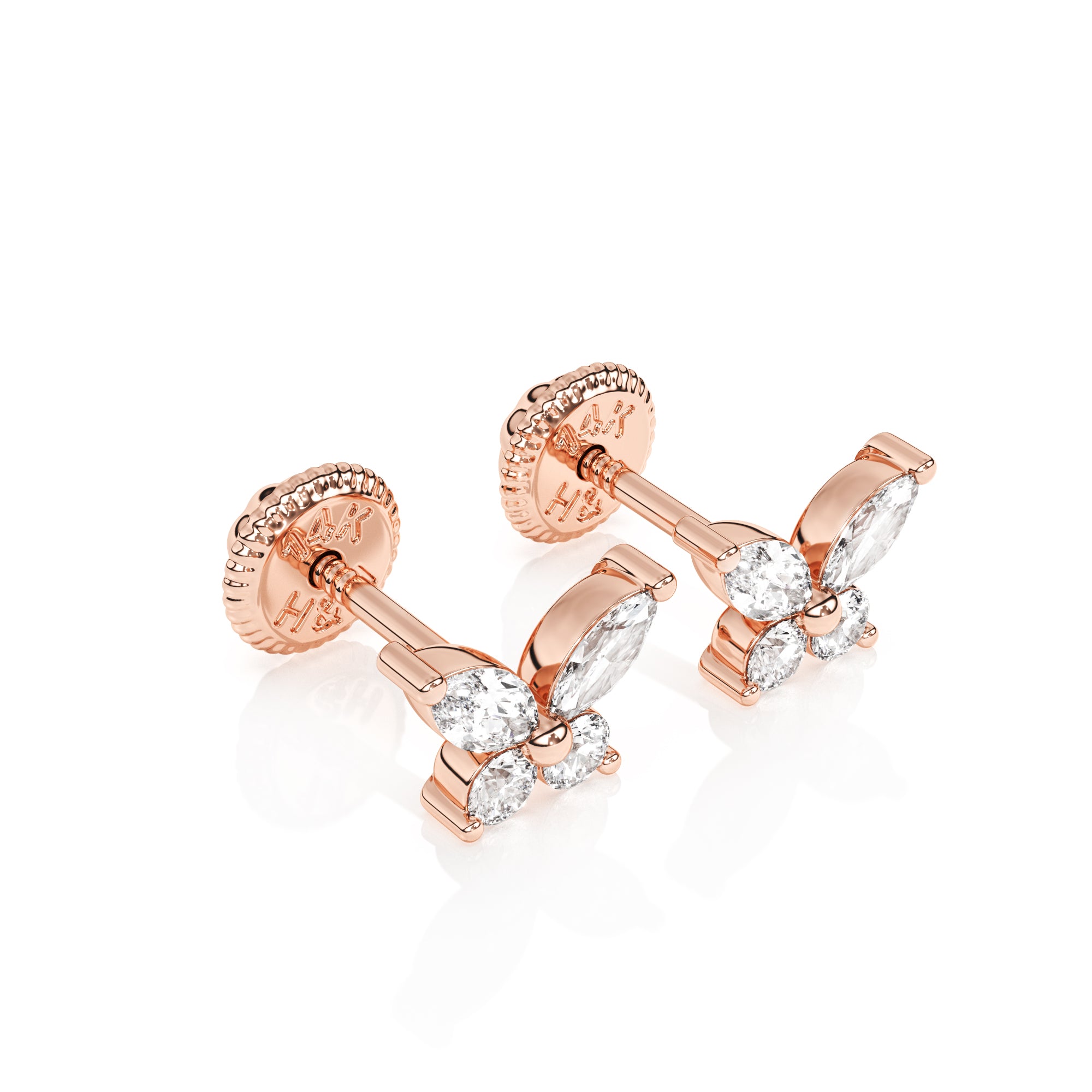 Rose gold stud earring with screwback post and clear CZ shaped butterfly.