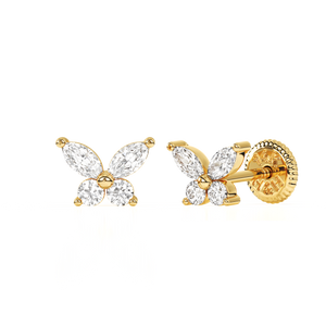 Brilliant Butterfly, Clear CZ Stud Earrings - Solid 14K Gold, Screw Back, for Babies & Children