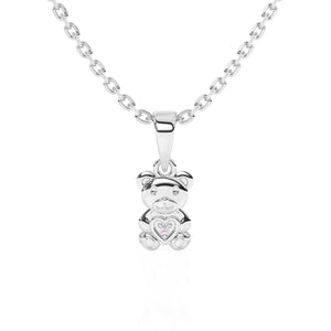 Sterling silver teddy bear pendant necklace with pink CZ stone on a white background.
