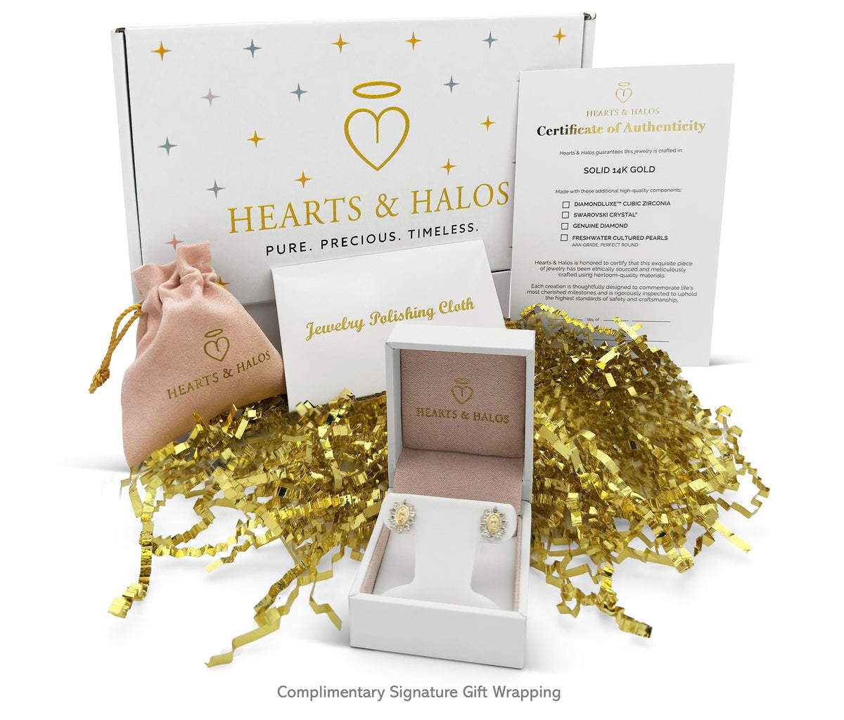 Signature Complimentary Gift Packaging, which includes a custom mailer box, certificate of authenticity, polishing cloth, satin jewelry pouch, and jewelry box.