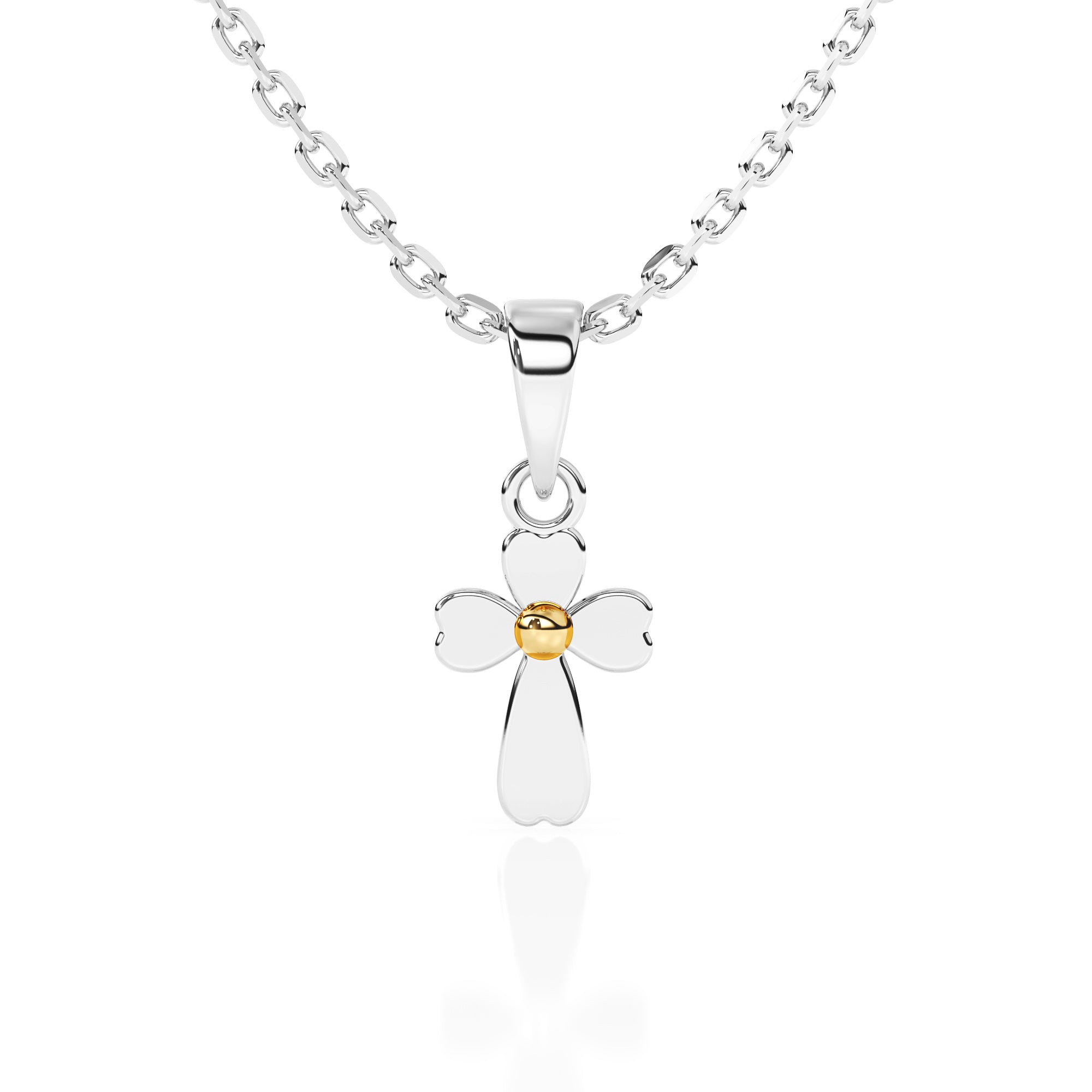 Silver necklace with a cross made of hearts pendant on a white background.