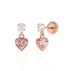 Daring Heart, Pink/Clear Heart CZ Dangle Earrings - Solid 14K Rose Gold, Screw Back, for Babies & Children