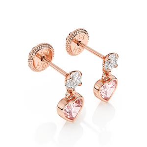 Daring Heart, Pink/Clear Heart CZ Dangle Earrings - Solid 14K Rose Gold, Screw Back, for Babies & Children