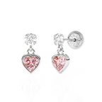 Daring Heart, Pink/Clear Heart CZ Dangle Earrings - Solid 14K White Gold, Screw Back, for Babies & Children