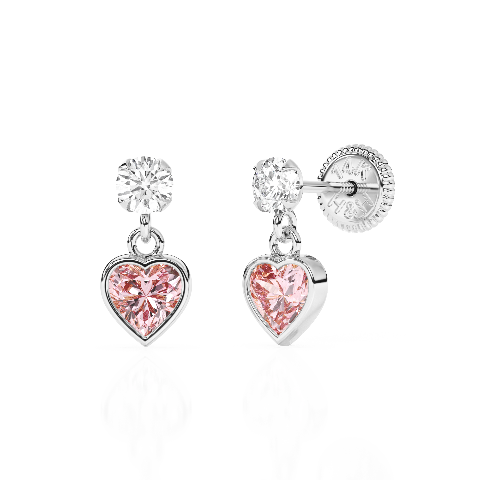 Daring Heart, Pink/Clear Heart CZ Dangle Earrings - Solid 14K White Gold, Screw Back, for Babies & Children
