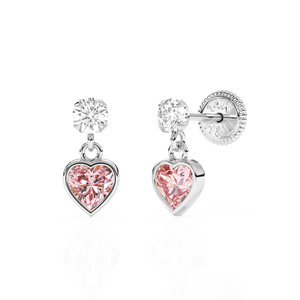 Daring Heart, Pink/Clear Heart CZ Dangle Earrings - Solid 14K White Gold, Screw Back, for Babies & Children