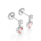 Daring Heart, Pink/Clear Heart CZ Dangle Earrings - Solid 14K White Gold, Screw Back, for Babies & Children