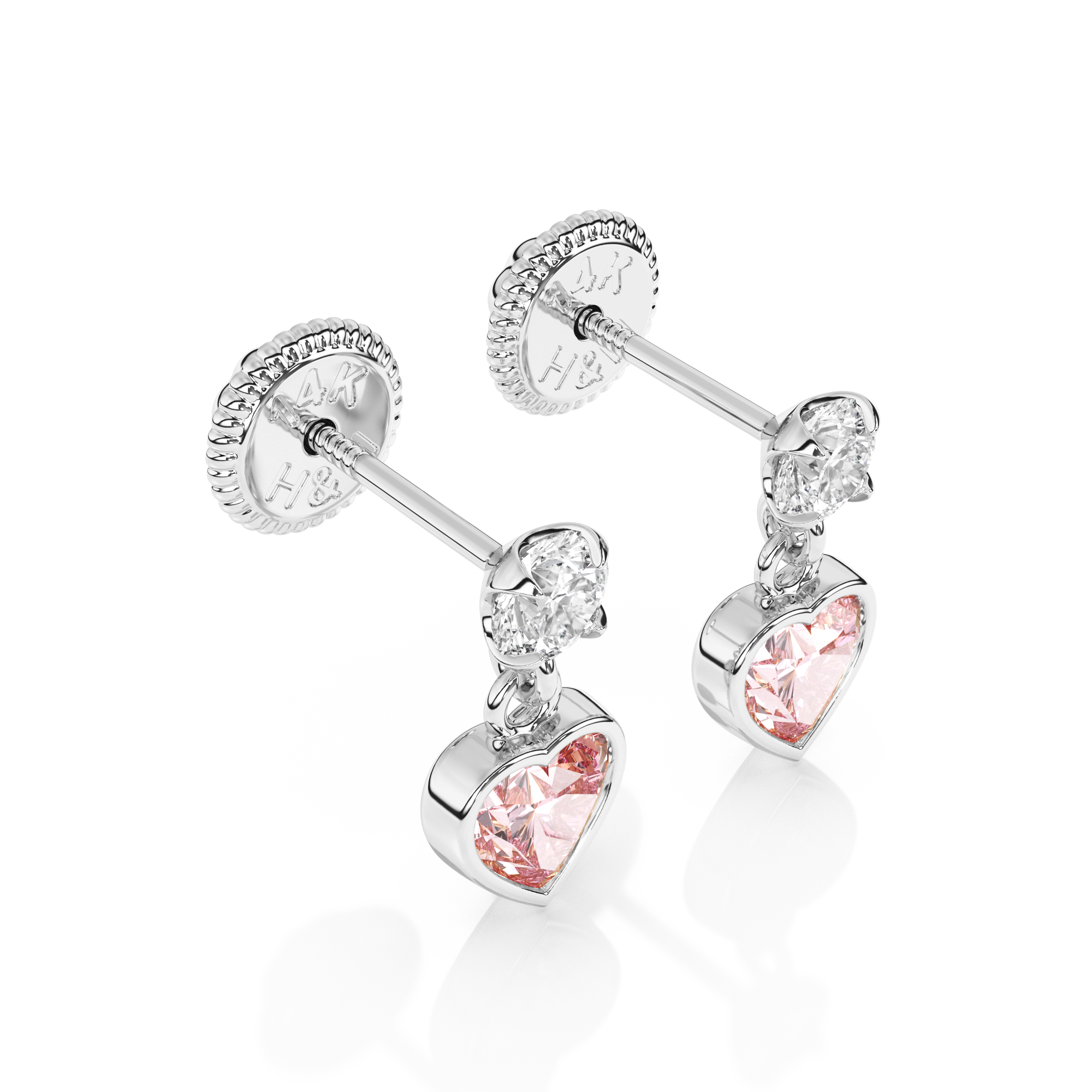 Daring Heart, Pink/Clear Heart CZ Dangle Earrings - Solid 14K White Gold, Screw Back, for Babies & Children