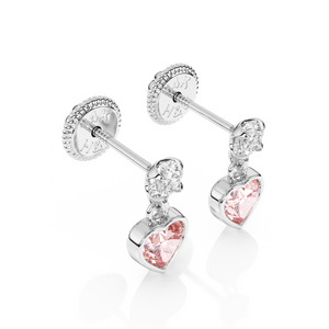 Daring Heart, Pink/Clear Heart CZ Dangle Earrings - Solid 14K White Gold, Screw Back, for Babies & Children