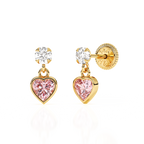 Daring Heart, Pink/Clear Heart CZ Dangle Earrings - Solid 14K Gold, Screw Back, for Babies & Children