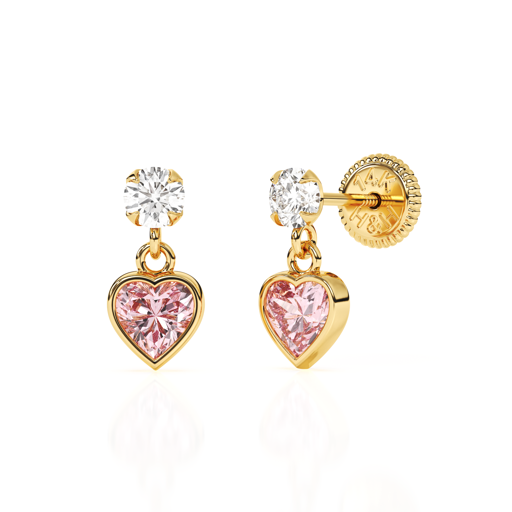 Daring Heart, Pink/Clear Heart CZ Dangle Earrings - Solid 14K Gold, Screw Back, for Babies & Children
