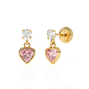 Daring Heart, Pink/Clear Heart CZ Dangle Earrings - Solid 14K Gold, Screw Back, for Babies & Children