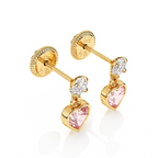 Daring Heart, Pink/Clear Heart CZ Dangle Earrings - Solid 14K Gold, Screw Back, for Babies & Children