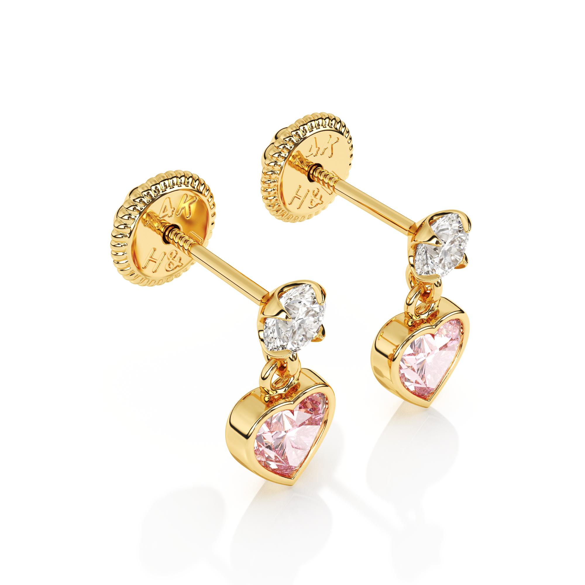Daring Heart, Pink/Clear Heart CZ Dangle Earrings - Solid 14K Gold, Screw Back, for Babies & Children