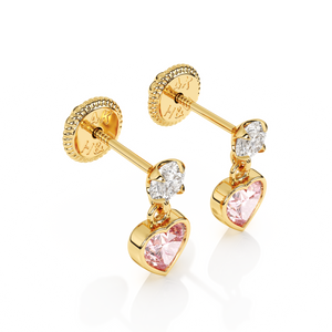 Daring Heart, Pink/Clear Heart CZ Dangle Earrings - Solid 14K Gold, Screw Back, for Babies & Children