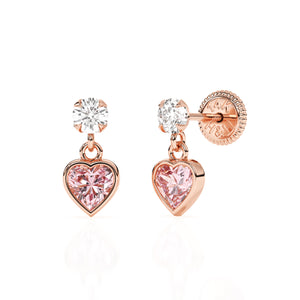 Rose gold stud earrings with screwback post and clear CZ stone with Pink Heart cut stone dangling below.