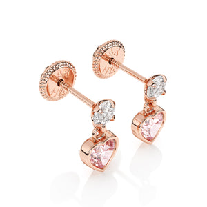 Rose gold stud earrings with screwback post and clear CZ stone with Pink Heart cut stone dangling below.