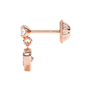 Rose gold stud earrings with screwback post and clear CZ stone with Pink Heart cut stone dangling below.